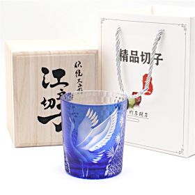 New Japanese Edo Kiriko Pine Crane Whiskey Glass (Color: Blue)