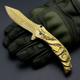 Dragon Embossed Portable Outdoor Fruit Knife (Color: Gold)